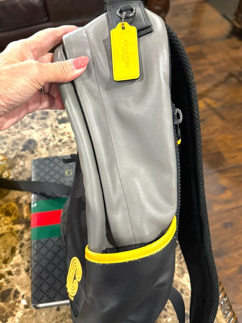 Coach Edge Leather Backpack Gray Black Yellow C2057-4001 Unisex